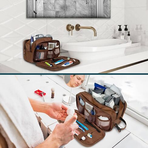 PAVILIA Toiletry Bag for Men, Travel Toiletries Bag | Water-resistant Dopp Kit, PU Leather Shaving Pouch Organizer for Accessories, Cosmetic, Hygiene, Grooming Essentials (Dark Brown) in Saudi Arabia