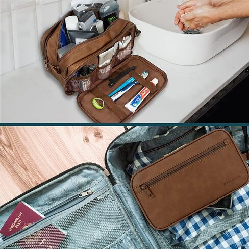 PAVILIA Toiletry Bag for Men, Travel Toiletries Bag | Water-resistant Dopp Kit, PU Leather Shaving Pouch Organizer for Accessories, Cosmetic, Hygiene, Grooming Essentials (Dark Brown) in Saudi Arabia