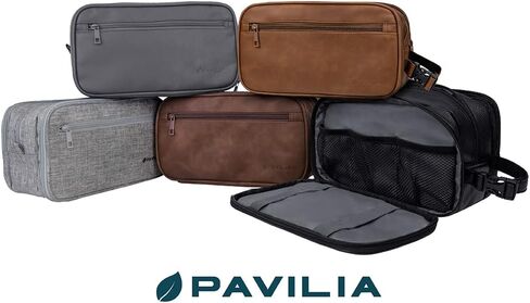 PAVILIA Toiletry Bag for Men, Travel Toiletries Bag | Water-resistant Dopp Kit, PU Leather Shaving Pouch Organizer for Accessories, Cosmetic, Hygiene, Grooming Essentials (Dark Brown) in Saudi Arabia