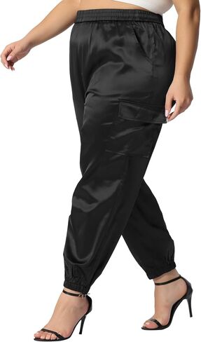 Agnes Orinda Plus Size Satin Joggers for Women Elastic Waist Athleisure Ankle Length Cargo Pants with Pocket in Kuwait