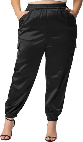 Agnes Orinda Plus Size Satin Joggers for Women Elastic Waist Athleisure Ankle Length Cargo Pants with Pocket in Kuwait