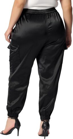 Agnes Orinda Plus Size Satin Joggers for Women Elastic Waist Athleisure Ankle Length Cargo Pants with Pocket in Kuwait