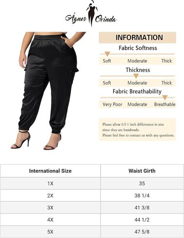 Agnes Orinda Plus Size Satin Joggers for Women Elastic Waist Athleisure Ankle Length Cargo Pants with Pocket in Kuwait
