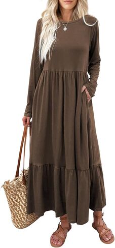 Mieazom Women's Long Sleeves Maxi Dress Casual Loose Tiered Flowy Swing Beach Long Dresses with Pockets in Saudi Arabia