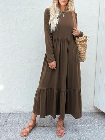 Mieazom Women's Long Sleeves Maxi Dress Casual Loose Tiered Flowy Swing Beach Long Dresses with Pockets in Saudi Arabia