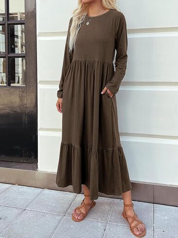 Mieazom Women's Long Sleeves Maxi Dress Casual Loose Tiered Flowy Swing Beach Long Dresses with Pockets in Saudi Arabia