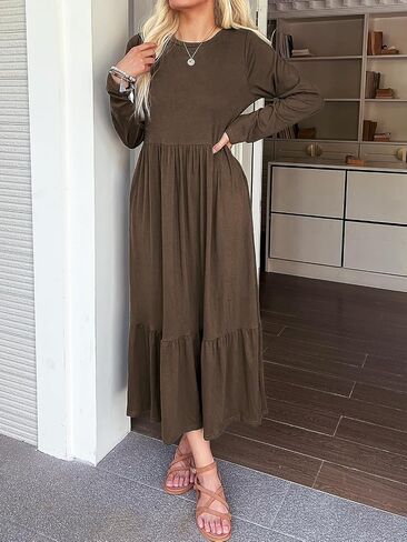 Mieazom Women's Long Sleeves Maxi Dress Casual Loose Tiered Flowy Swing Beach Long Dresses with Pockets in Saudi Arabia