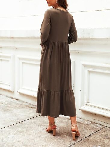 Mieazom Women's Long Sleeves Maxi Dress Casual Loose Tiered Flowy Swing Beach Long Dresses with Pockets in Saudi Arabia