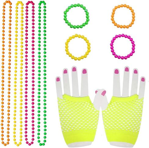 80s Women Costume Accessories Set Acrylic Neon Bead Necklace Bracelet Colorful Fingerless Short Fishnet Gloves for 80's Party in Kuwait