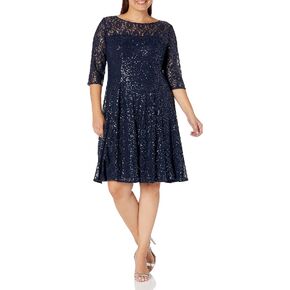 S.L. Fashions Women's Plus Size Lace and Sequin Fit and Flare Dress