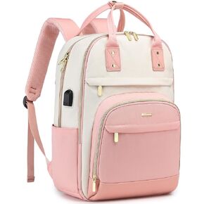 Laptop Backpack Women Work Bags - 15.6 inch Travel Backpack with USB Charger College Bookbag Waterproof Business Computer Backpack Anti-theft Casual Work Backpacks for Women Nurse Teacher Beige-Pink