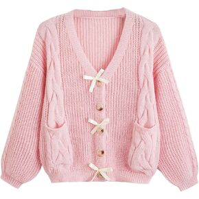 Verdusa Women's Bow Knot Drop Shoulder Bishop Sleeve V Neck Knit Cardigan Sweater