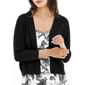 QUALFORT Women's 3/4 Sleeve Cropped Cardigan Sweaters Open Front Knit Short Bolero Shrugs