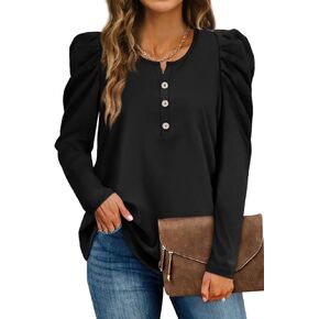 Dofaoo Womens Long Puff Sleeve Tops Tunic 2023 Henley Crewneck Sweatshirts Dressy Casual Shirts in Kuwait