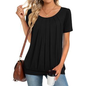 Anymeet 2024 Women's Summer Tunic Tops Short Sleeve Casual Tshirt for Leggings Pleated Loose Blouses
