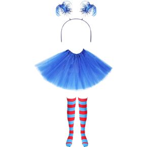 3 Pcs Women 80s Tutu Skirt Costume Set Include Teen Girls 3 Layered Blue Tutus Skirts Party Feather Ponytails Headband and Long Red Blue Thigh High Striped Socks for Adults Neon Party Classic in Saudi Arabia