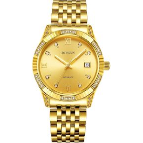 BINLUN Men Automatic Mechanical Gold Watch Self-Winding Skin-Friendly Strap18K Gold-Plated Skeleton Wrist Watches for Men