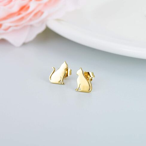 Solid 14k Gold Cat Earrings, Real 14 Carat Gold Stud Earrings for Women Teens, Animal Jewelry Gifts for Her in Saudi Arabia