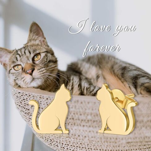 Solid 14k Gold Cat Earrings, Real 14 Carat Gold Stud Earrings for Women Teens, Animal Jewelry Gifts for Her in Saudi Arabia