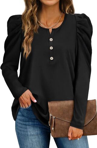 Dofaoo Womens Long Puff Sleeve Tops Tunic 2023 Henley Crewneck Sweatshirts Dressy Casual Shirts in Kuwait