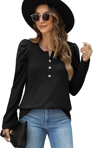 Dofaoo Womens Long Puff Sleeve Tops Tunic 2023 Henley Crewneck Sweatshirts Dressy Casual Shirts in Kuwait