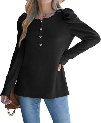 Dofaoo Womens Long Puff Sleeve Tops Tunic 2023 Henley Crewneck Sweatshirts Dressy Casual Shirts in Kuwait