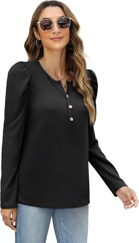 Dofaoo Womens Long Puff Sleeve Tops Tunic 2023 Henley Crewneck Sweatshirts Dressy Casual Shirts in Kuwait