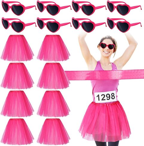 Jiuguva 16 Pcs Breast Cancer Awareness Tutu Skirts and Sunglasses Set Women Tutu Skirts Adult Runners Pink Tutu Dress Heart Shaped Retro Sunglasses for Running Activities in Saudi Arabia