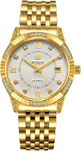 BINLUN Men Automatic Mechanical Gold Watch Self-Winding Skin-Friendly Strap18K Gold-Plated Skeleton Wrist Watches for Men in Kuwait