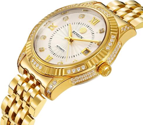 BINLUN Men Automatic Mechanical Gold Watch Self-Winding Skin-Friendly Strap18K Gold-Plated Skeleton Wrist Watches for Men in Kuwait