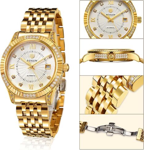 BINLUN Men Automatic Mechanical Gold Watch Self-Winding Skin-Friendly Strap18K Gold-Plated Skeleton Wrist Watches for Men in Kuwait