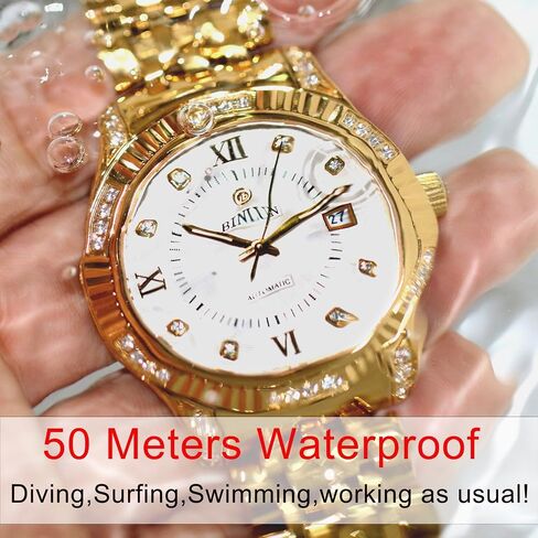 BINLUN Men Automatic Mechanical Gold Watch Self-Winding Skin-Friendly Strap18K Gold-Plated Skeleton Wrist Watches for Men in Kuwait