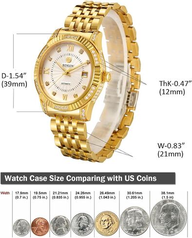 BINLUN Men Automatic Mechanical Gold Watch Self-Winding Skin-Friendly Strap18K Gold-Plated Skeleton Wrist Watches for Men in Kuwait