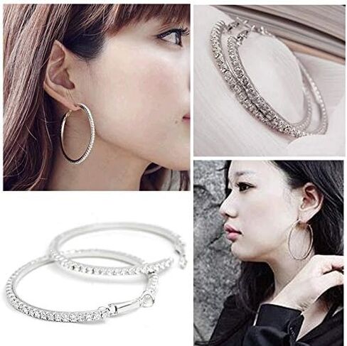 أقراط فضية للنساء أقراط كبيرة أقراط كبيرة مكعبة الزركونيا أقراط دائرية رقيقة من أحجار الراين أقراط دائرية 50 مم أطواق سباركلي أنيقة مع كريستالات للفتيات in Kuwait