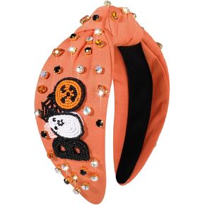 Halloween Headband Accessories Rhinestone Jeweled Beaded BOO Knotted Headband Black Orange Wide Top Knot Hairband Gift for Women Girls Halloween Party Makeup Costume Accessory (Spooky bead headband)