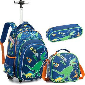 Egchescebo Boys Rolling Backpacks Kids Backpack with Wheels for School Bags Luggage With Wheels Trolley Wheeled Backpacks for Boys 3PCS 16“ Astronaut Pattern Travel Bags Boys Backpack With Lunch Box Blue
