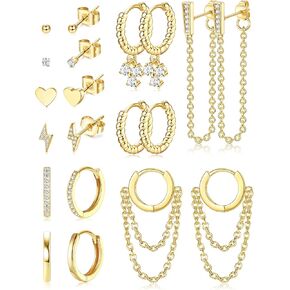 مجموعة 10 أزواج من الأقراط المرصعة مطلية بالذهب عيار 14 قيراط من فانسيلفر وأقراط هوجي هوب للنساء لا تسبب الحساسية، صغيرة وأنيقة وبسيطة، سلسلة متدلية من القرط الذهبي على شكل قلب تشيكوسلوفاكيا، مجموعة أقراط غضروف دائرية لثقب متعدد in Kuwait