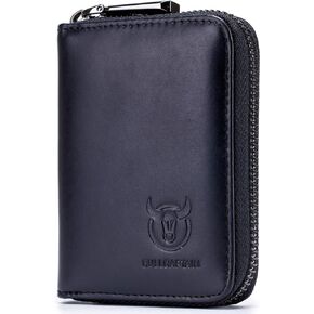 BULLCAPTAIN Genuine Leather Men Wallet Card Holder Cards Zipper Credit Card Pack Case Purse (Black)