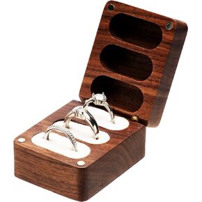 Walnut Wooden Wedding Ring Storage Box,Solid Ring Holder for Ring 3 Slots Wedding Ceremony Engagement Birthday (Beige Inner)