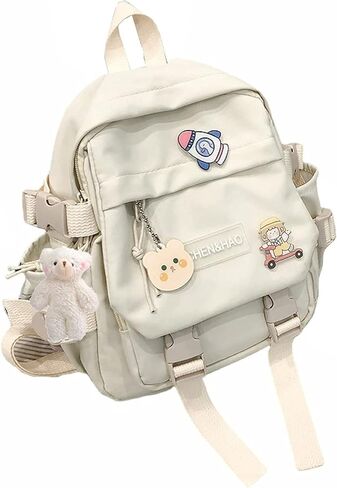 PEXIZUAN kawaii backpack girl school bag waterproof nylon with kawaii pendant cute pin mini backpack(black) in Kuwait