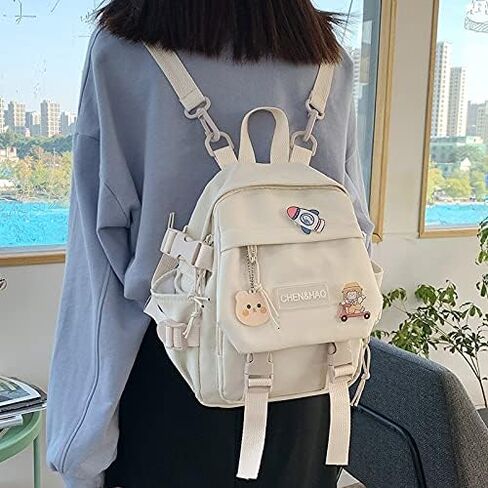 PEXIZUAN kawaii backpack girl school bag waterproof nylon with kawaii pendant cute pin mini backpack(black) in Kuwait