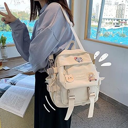PEXIZUAN kawaii backpack girl school bag waterproof nylon with kawaii pendant cute pin mini backpack(black) in Kuwait