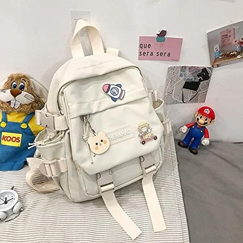 PEXIZUAN kawaii backpack girl school bag waterproof nylon with kawaii pendant cute pin mini backpack(black) in Kuwait
