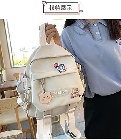 PEXIZUAN kawaii backpack girl school bag waterproof nylon with kawaii pendant cute pin mini backpack(black) in Kuwait