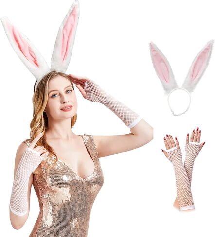 Kikazarru Bunny Ears Headband Bunny Costume Accessories Fishnet Gloves And Rabbit Ears Headband in Saudi Arabia