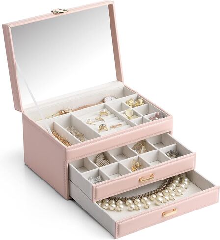 Vlando Jewelry Box 4-Tier,Jewelry Boxes & Organizers with Handle,3 Drawers Travel Jewelry Case with Mirror,Jewelry Storage,Earrings Necklace Rings Christmas Gift for Women Girl White in Kuwait