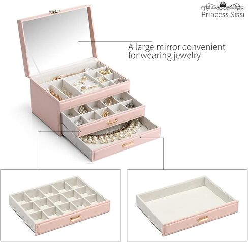 Vlando Jewelry Box 4-Tier,Jewelry Boxes & Organizers with Handle,3 Drawers Travel Jewelry Case with Mirror,Jewelry Storage,Earrings Necklace Rings Christmas Gift for Women Girl White in Kuwait