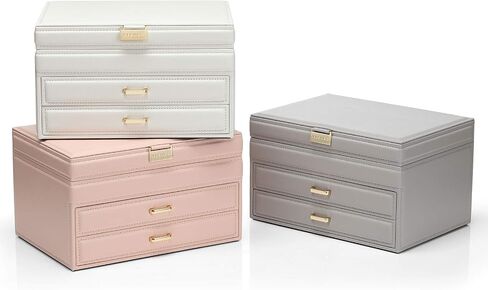 Vlando Jewelry Box 4-Tier,Jewelry Boxes & Organizers with Handle,3 Drawers Travel Jewelry Case with Mirror,Jewelry Storage,Earrings Necklace Rings Christmas Gift for Women Girl White in Kuwait