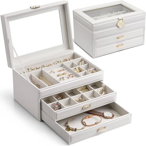 Vlando Jewelry Box 4-Tier,Jewelry Boxes & Organizers with Handle,3 Drawers Travel Jewelry Case with Mirror,Jewelry Storage,Earrings Necklace Rings Christmas Gift for Women Girl White in Kuwait