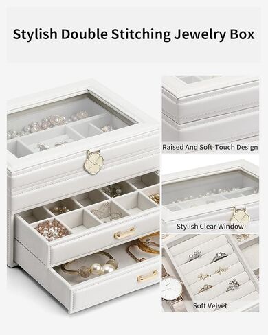 Vlando Jewelry Box 4-Tier,Jewelry Boxes & Organizers with Handle,3 Drawers Travel Jewelry Case with Mirror,Jewelry Storage,Earrings Necklace Rings Christmas Gift for Women Girl White in Kuwait